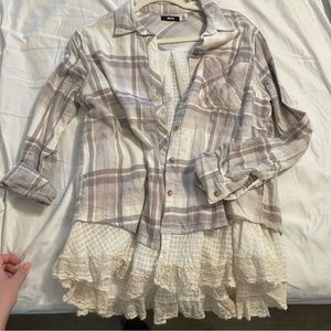 BGD OU button up mixed media flannel with lace detail size small